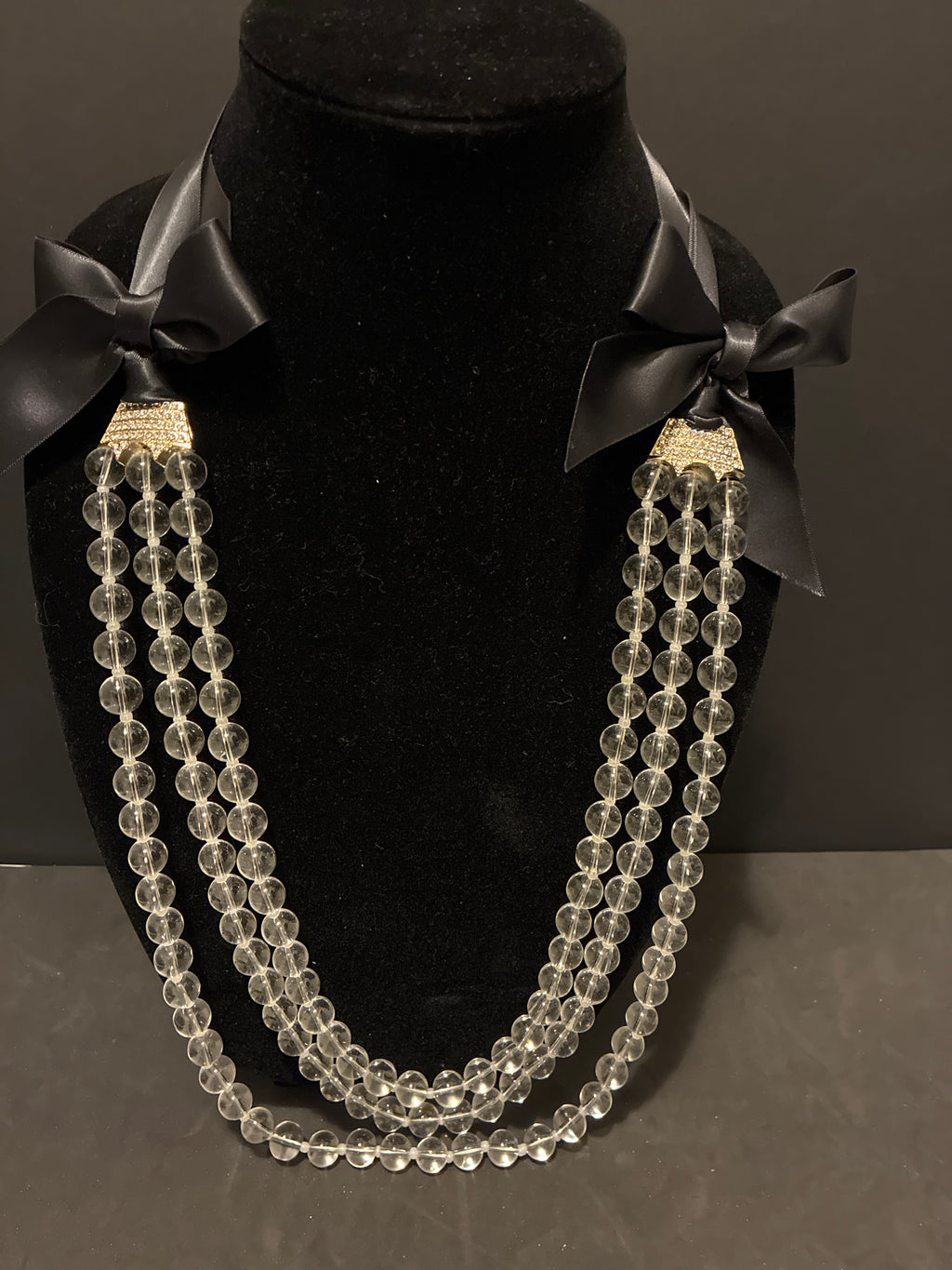 Vintage Glass Bead Necklace With Rhinestones And Bows